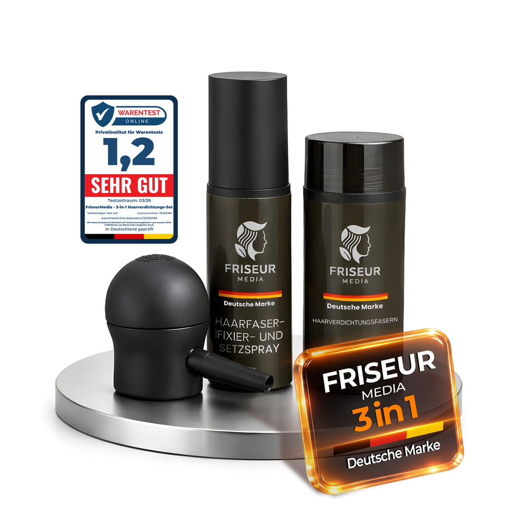 FriseurMedia Streuhaar zur Haarverdichtung & vollem Haar in Sekunden – 3-in-1 Komplett-Set