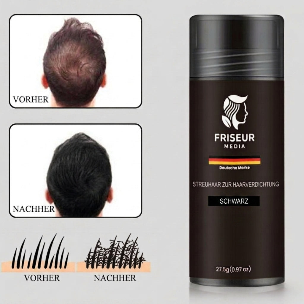 FriseurMedia Streuhaar zur Haarverdichtung & vollem Haar in Sekunden – 3-in-1 Komplett-Set
