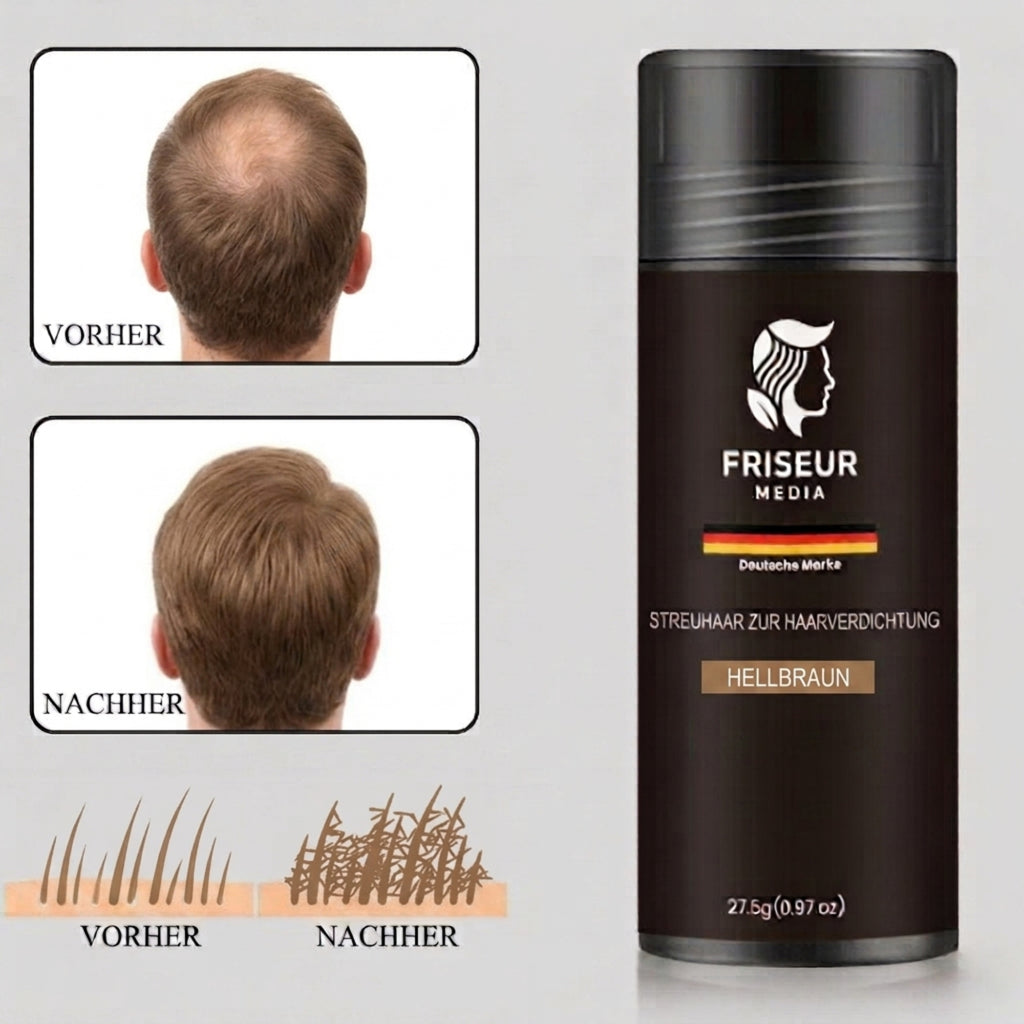 FriseurMedia Streuhaar zur Haarverdichtung & vollem Haar in Sekunden – 3-in-1 Komplett-Set
