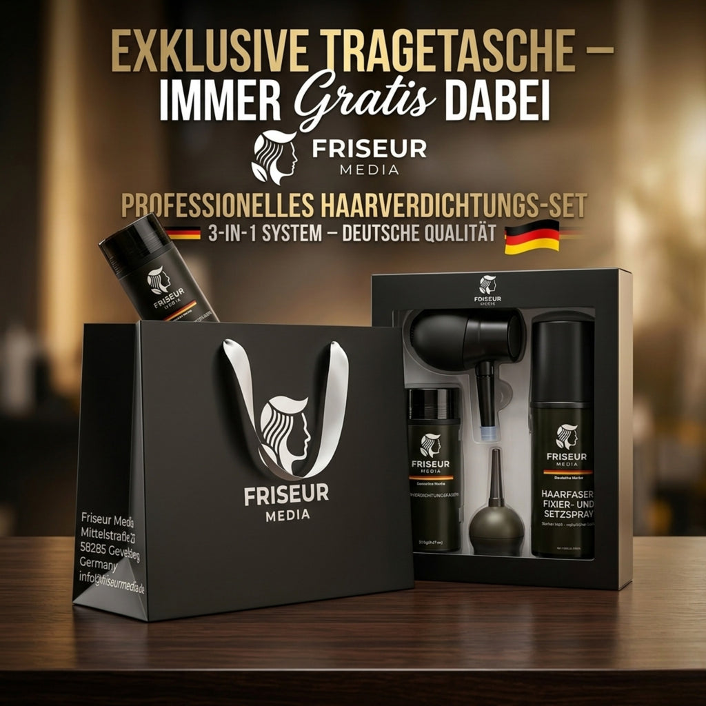 FriseurMedia Streuhaar zur Haarverdichtung & vollem Haar in Sekunden – 3-in-1 Komplett-Set