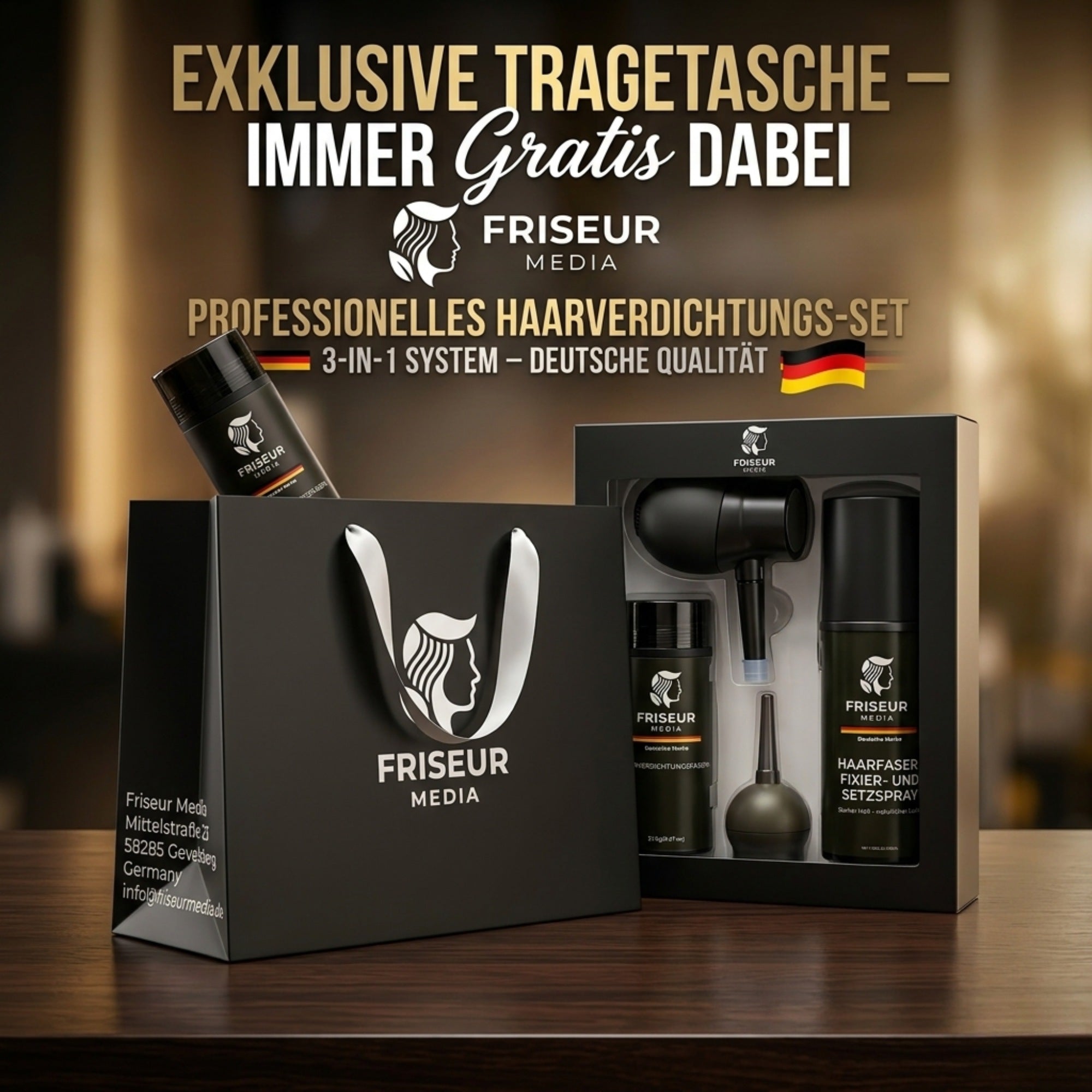 FriseurMedia Streuhaar zur Haarverdichtung & vollem Haar in Sekunden – 3-in-1 Komplett-Set