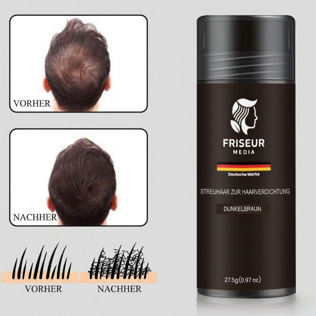 FriseurMedia Streuhaar zur Haarverdichtung & vollem Haar in Sekunden – 3-in-1 Komplett-Set